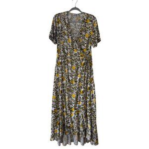 Boutique  Womens Wrap Dress Lemon Leaf Print Short Sleeve V-Neck Maxi Length